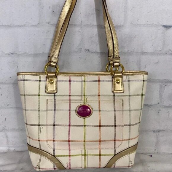 Coach Peyton Tattersall Gold Trim Plaid Cross Leather Tote - Picture 1 of 7